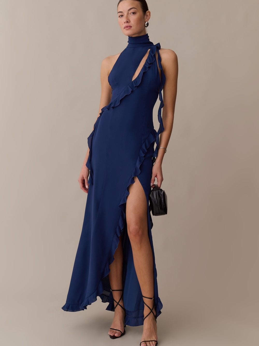 Kourt Makenna Asymmetric Ruffle Maxi Dress in Navy - Women NWT SZ Sm